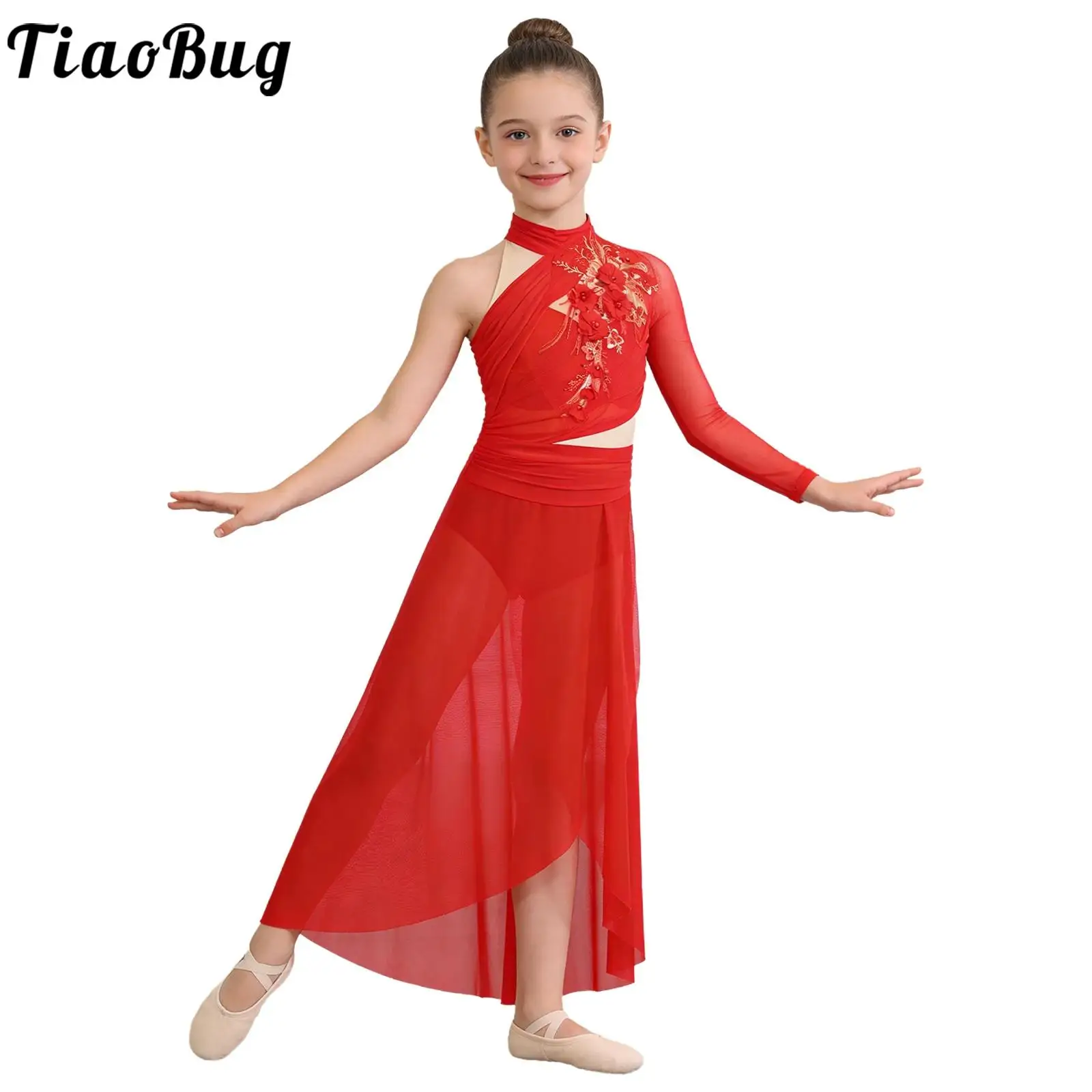 Kids Girls Keyhole Back Side Split Asymmetrical Mesh Dress Dancewear Lyrical Latin Jazz Ballet Dance Stage Performance Costume