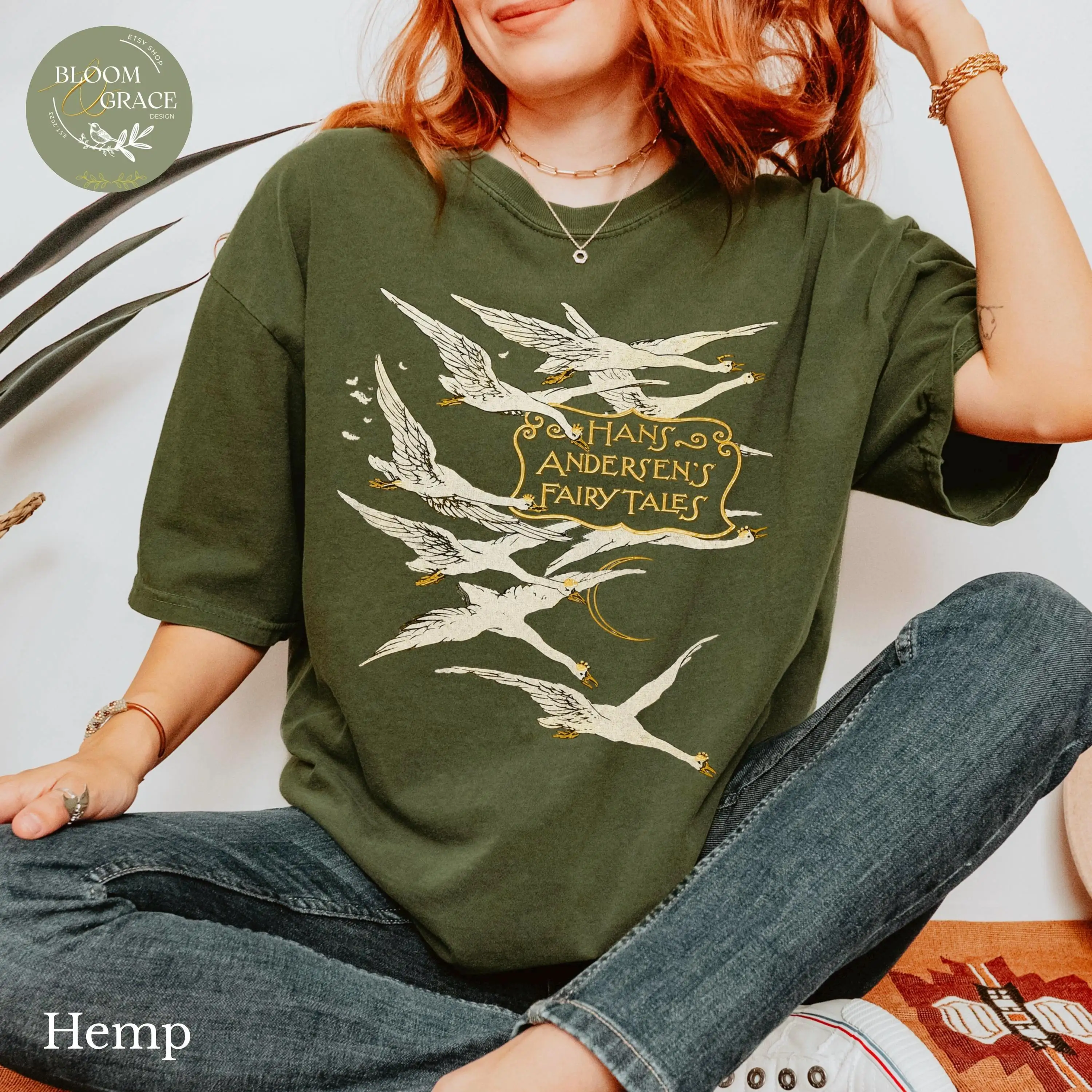 Antique Book Covers Tshirt Hans Christian Andersen Shirt Vintage Fairy Tales Storybook T-Shirt Swans Tee Bird Top Shirt