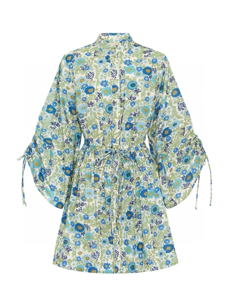 فستان سوزان القطني العضوي بطبعة زهور مع رباط خصر قصير باللون الأزرق لفصل الربيع والصيف، فستان نسائي بأسلوب أنيق على شكل خط A.