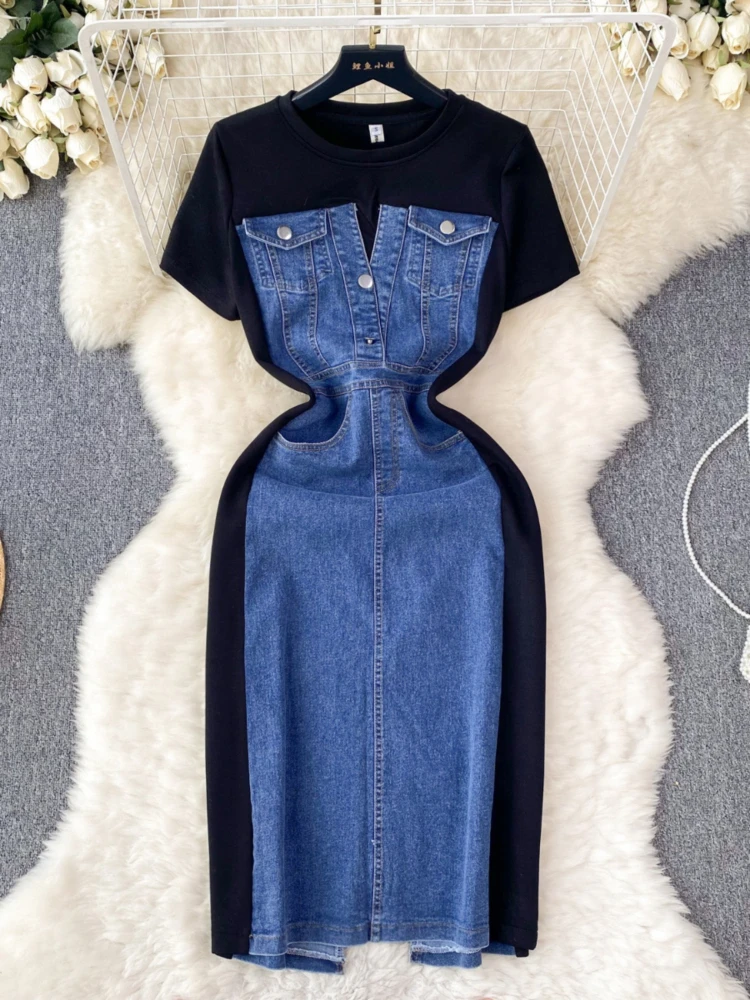 Women Fake Two-piece Long Dress Summer Korean Round Neck Short Sleeved Patchwork Denim Dresses Ladies Bodycon Casual Long Robe