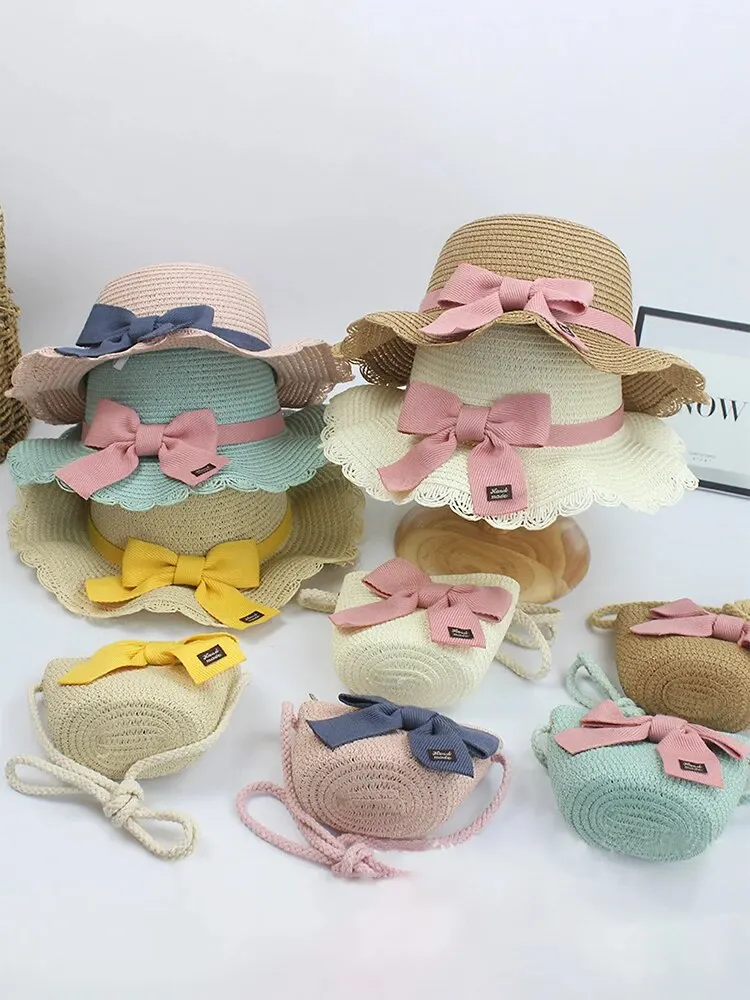 Hat And Bag Set Summer Japanese Style Bow Sweet And Cute Sunshade Sun Hat For Children