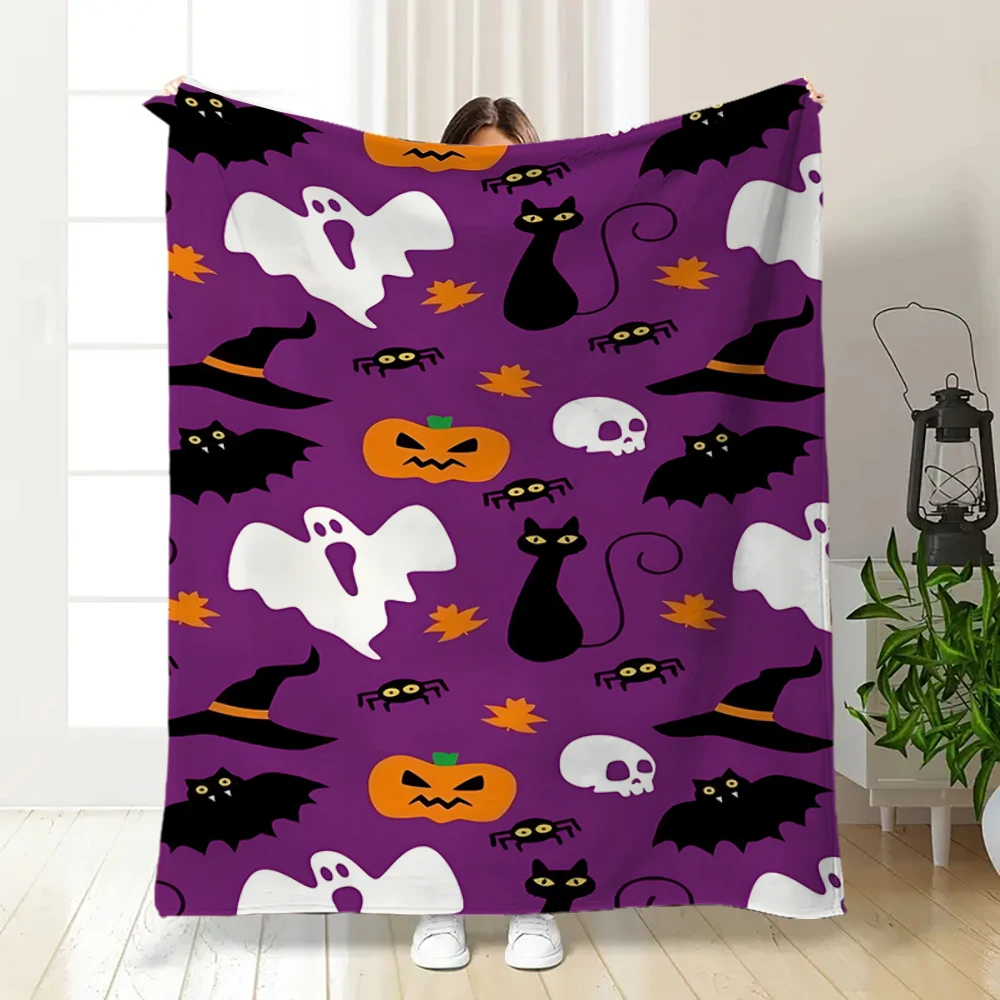 1 Piece American-Style Halloween Purple Cartoon Ghost Black Cat Witch Hat Blanket, Soft Flannel Dormitory Nap Shawl Blanket
