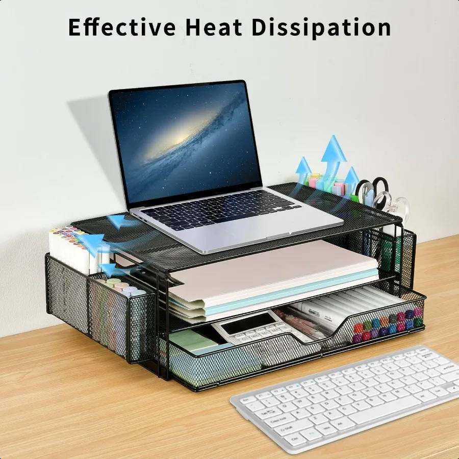 حامل شاشة كمبيوتر من طبقتين من AUPSEN مع درج وحامل قلم رصاص وحامل شاشة معدني ومنظم مكتب الكمبيوتر