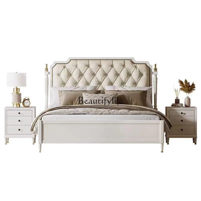 

American solid wood bed 1.8 meters double wedding bed modern simple soft bag storage leather bed
