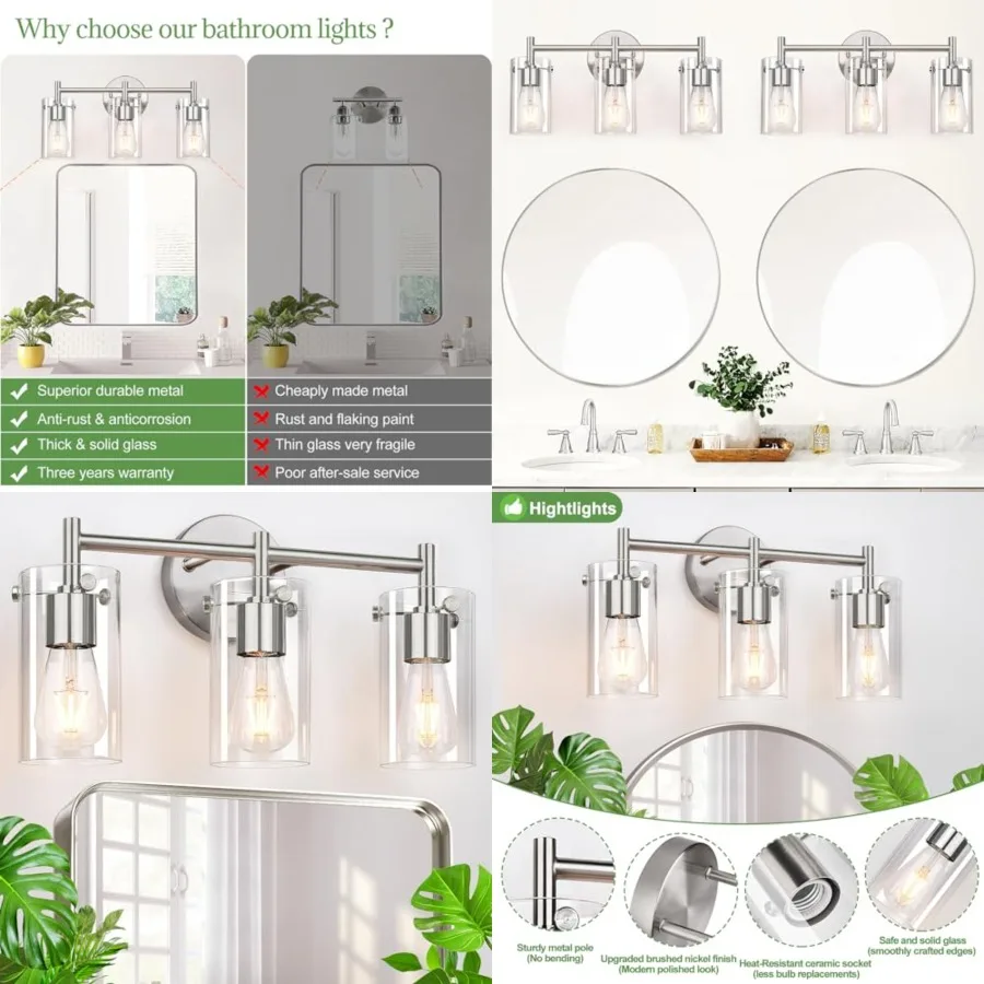 Bathroom Vanity Light Fixtures, Clear Glass Shade Wall Sconces for Mirror, Bedroom, Living Room, Hallway