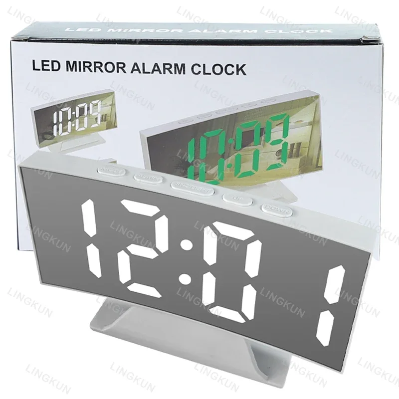 Creative Curved Electronic Clock, LED Large Screen Plug-in Battery Dual-purpose Mirror Alarm Clock, Student Bedroom Dedicated