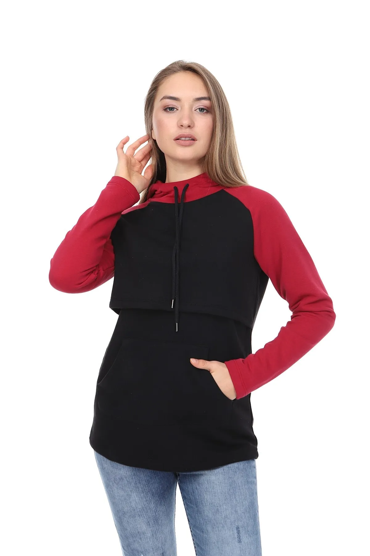 LuvmaBelly MYRA4525 Burgundy & Black Piece Hooded and Pockets Breastfeeding Sweatshirt