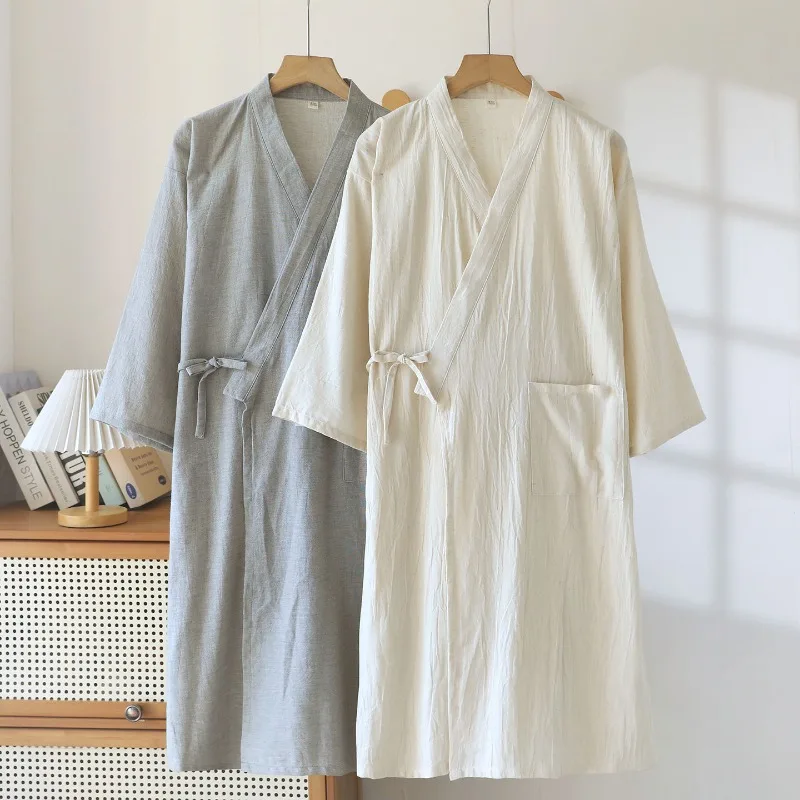 2026 New Spring and Autumn Men's Sleeping Robe Cotton and Hemp Large Loose Bathrobe Thin Breathable Solid Color Home Robe