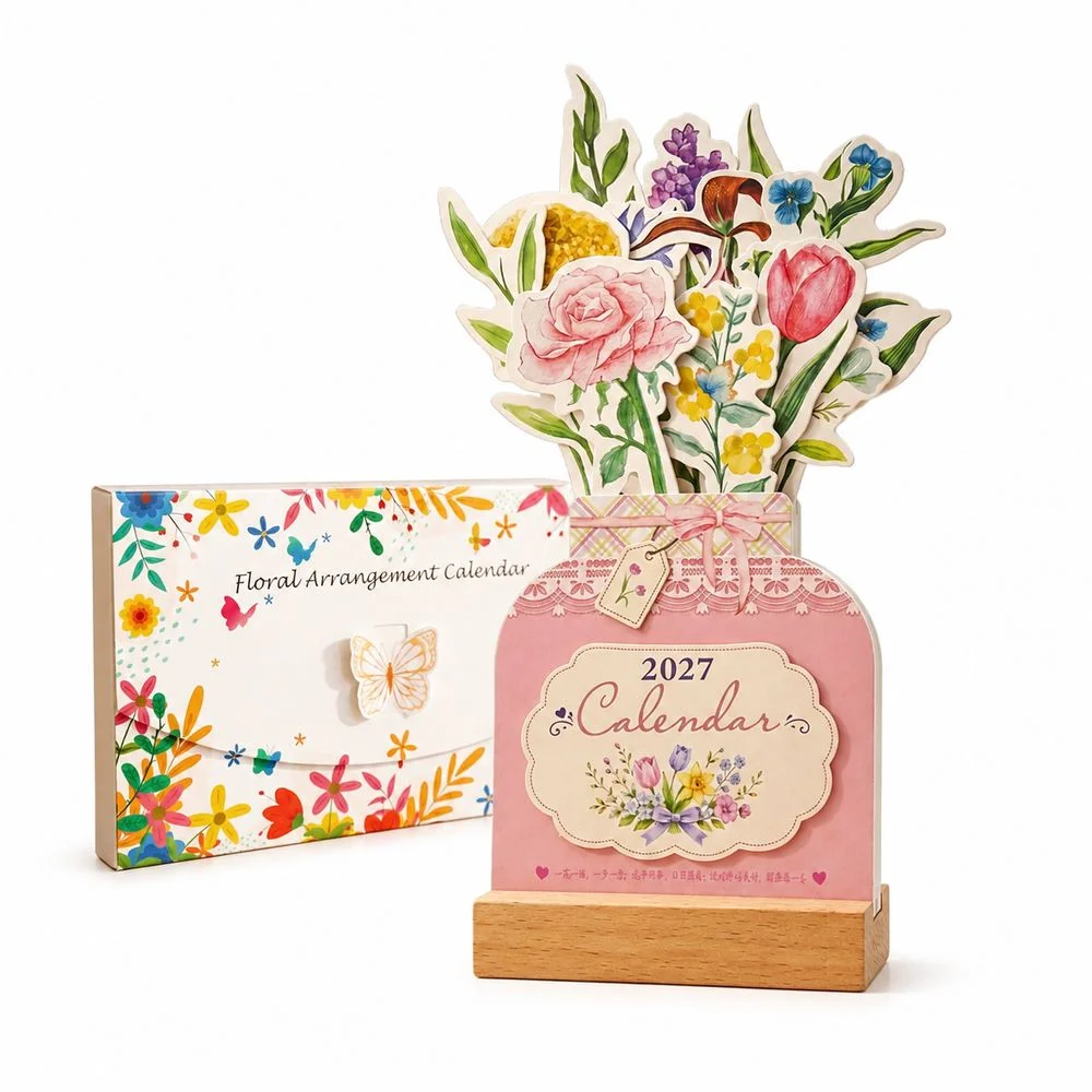 Flower Vase Shaped 2027 Floral Desktop Calendar Detachable Wooden Base Floral Pattern Standing Table Calendar New Year Calendar
