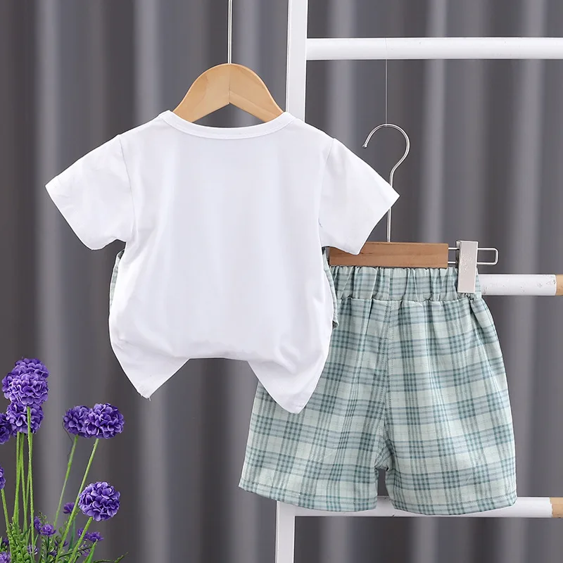 2023 Summer Baby Boys Cotton T-Shirt Plaid Shorts Pants Wedding Party 2PCS Clothing Set Toddler Kids Gentleman Suit for 1-5Years