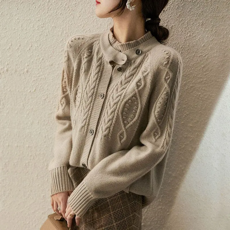 2023 Autumn and Winter New Half High Collar Long Sleeve Heavy Duty Knitted Cardigan Short Sweet Office Lady Comfortable Outwear