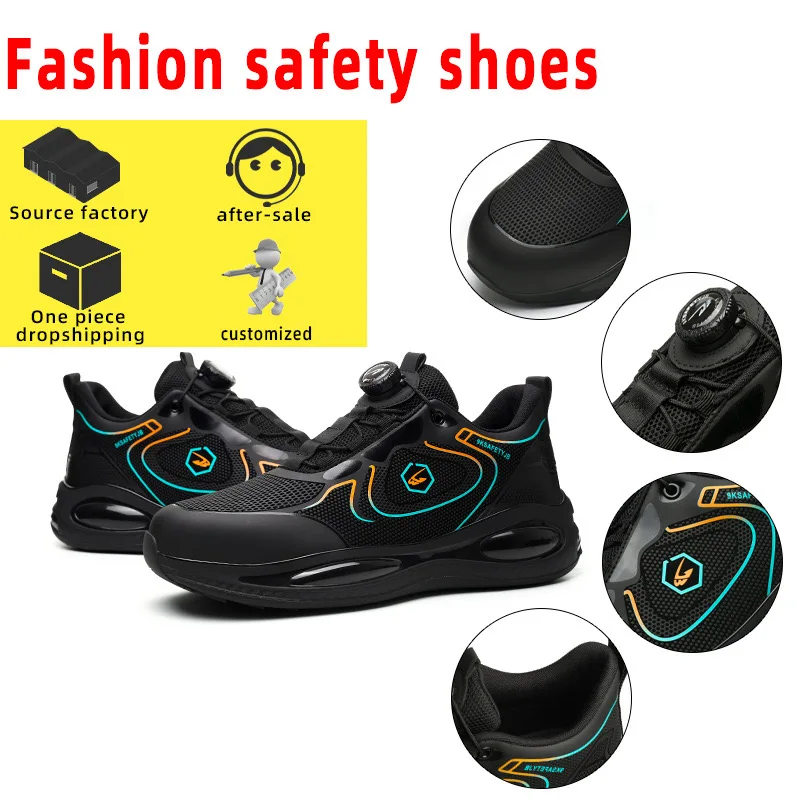 Rotating button lazy man no tie men's four season anti smashing and puncture safety shoes for construction site work