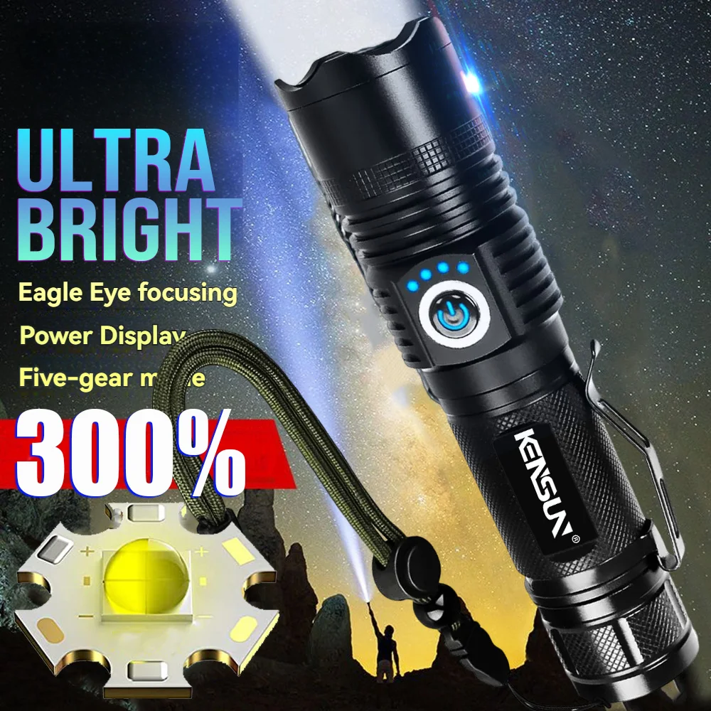 Super Bright LED Flashlight USB Rechargeable Spotlight Lamp High Power Tactical Torch Waterproof Lantern For Outdoor Emergency