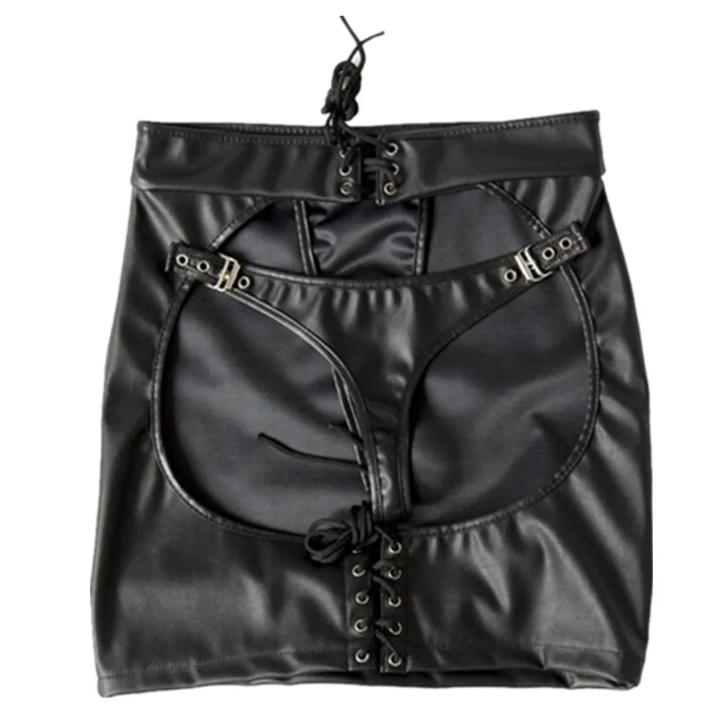 S-XXL Black Faux PU Leather Lace-Up Open Bare Ass Hip Bondage Skirts Sexy Women Exotic Night Club Dance Clubwear Spanking Skirt