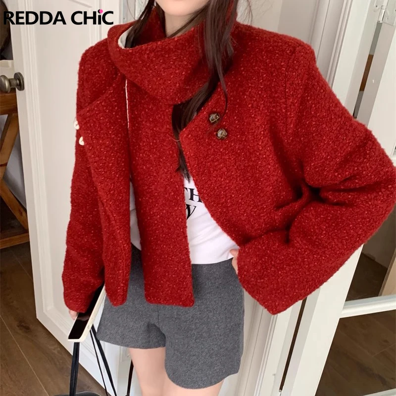 

ReddaChic Holiday Xmas Women Cropped Jacket with Scarf Long Sleeves Plain Red Open Front Collarless Tweed Blazers Winter Outwear