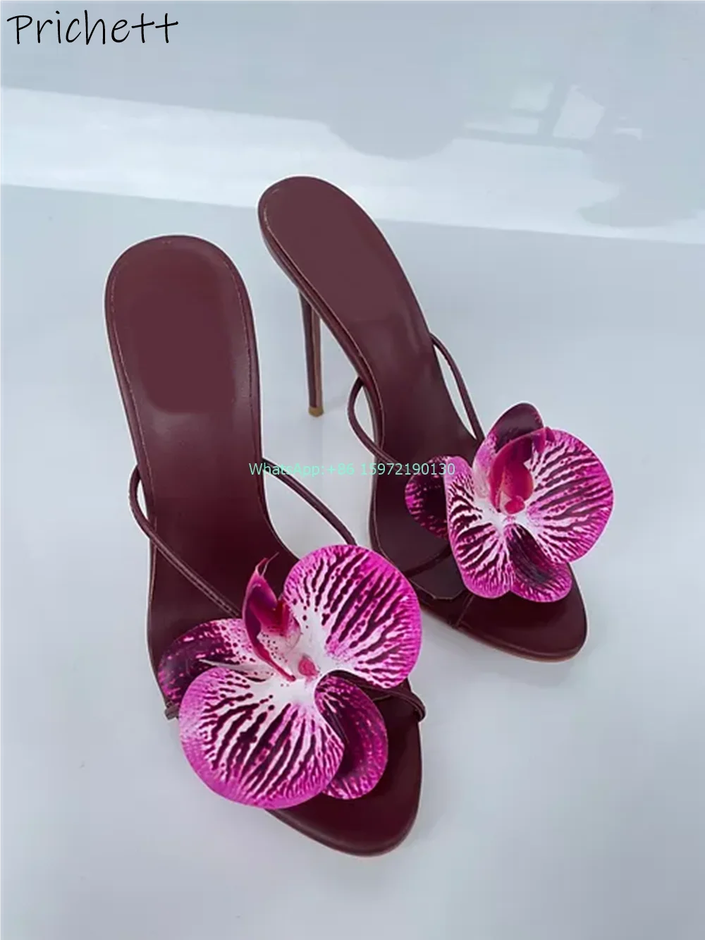 Orchid Round Toe Slippers High Heels Mixed Color Narrow Band Flower Outdoor Shoes Ladies Vocation Outdoor Luxury Stiletto Shoes