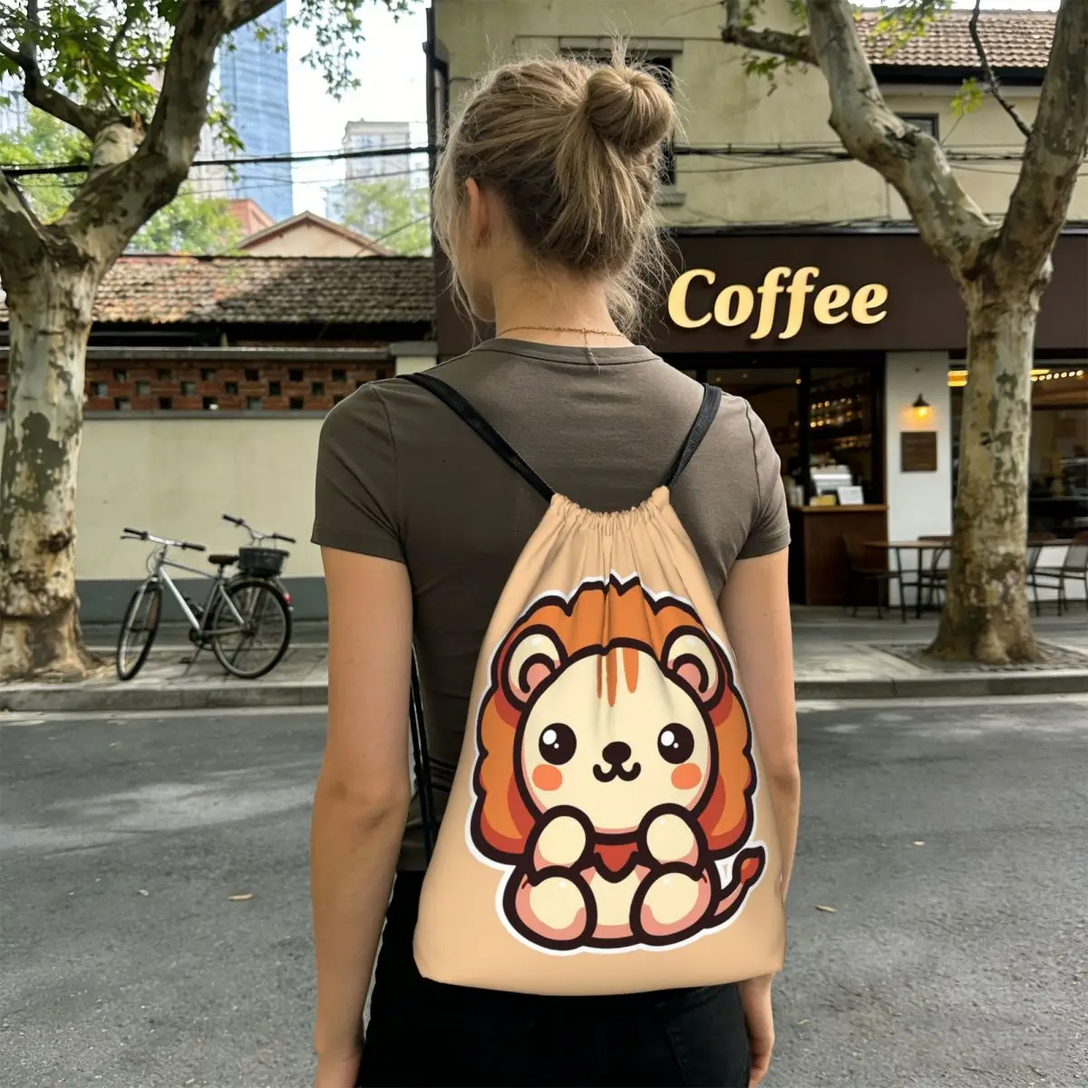 

Cute Lion Cartoon Orange Background Backpacks Fashion Drawstring Bags Sundries Bag Book Bags for Travel School