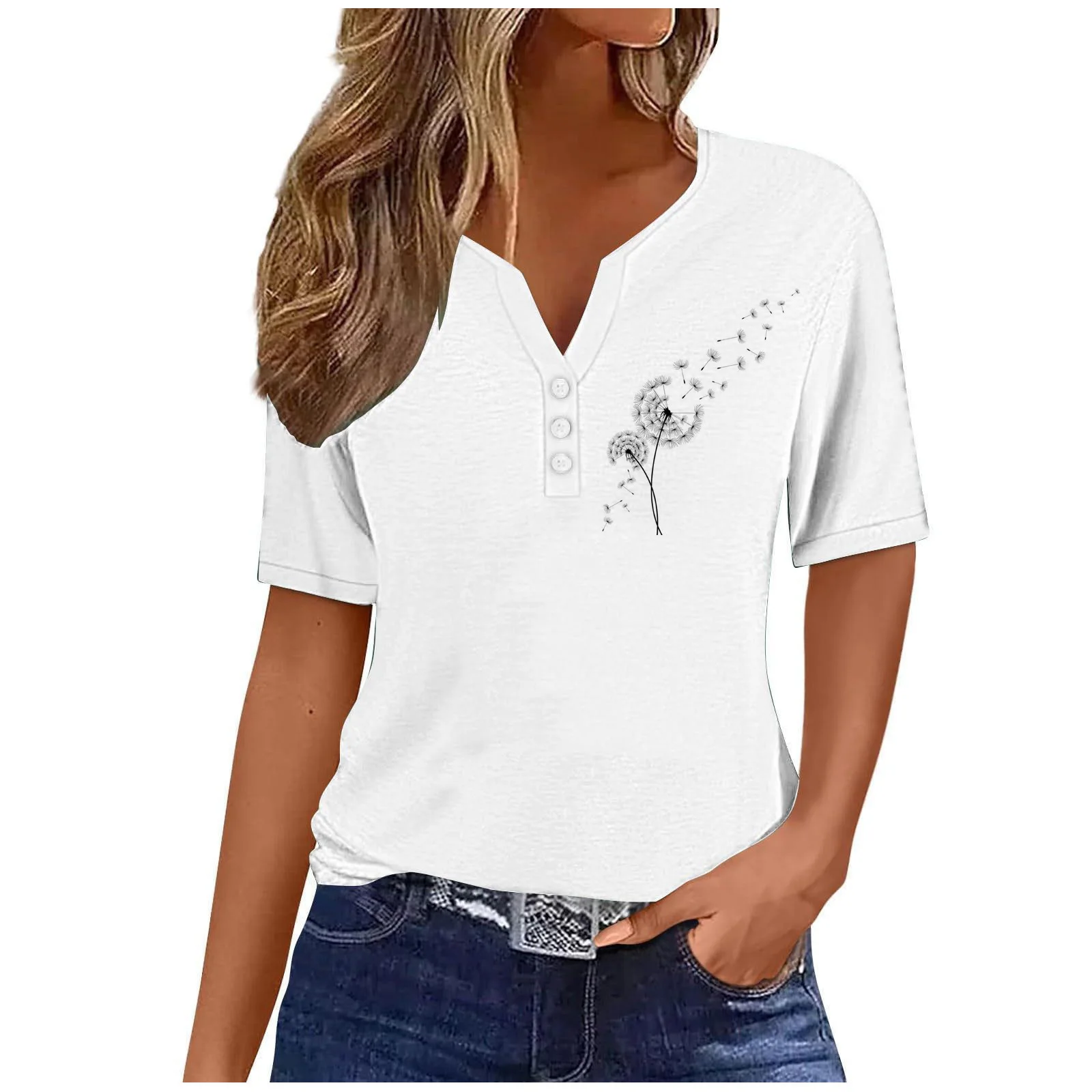 

2024 new casual chic fashionable top short sleeved summer dandelion print stylish women's design slimming WG19