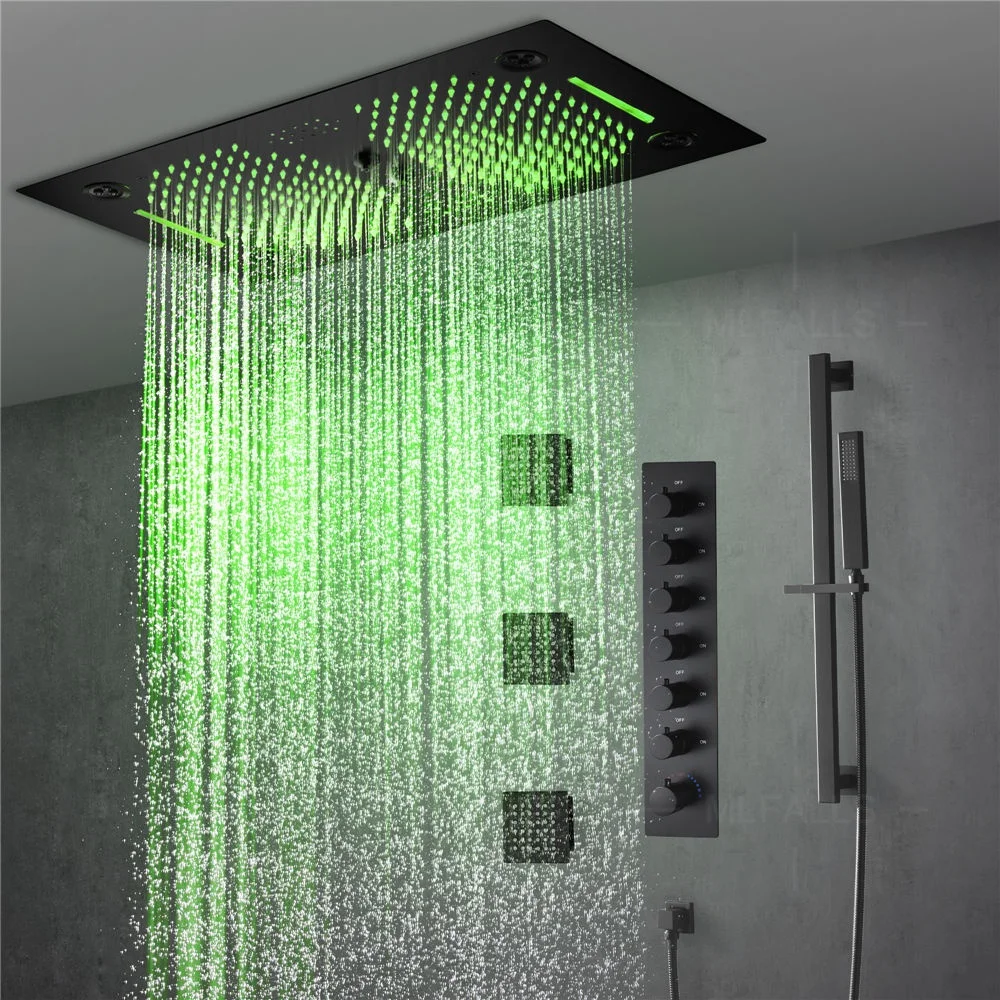 NEW 6 Functions Luxury Bathroom Shower Faucet Black 64 Color Wall Mounted Thermostatic Shower Set With Music