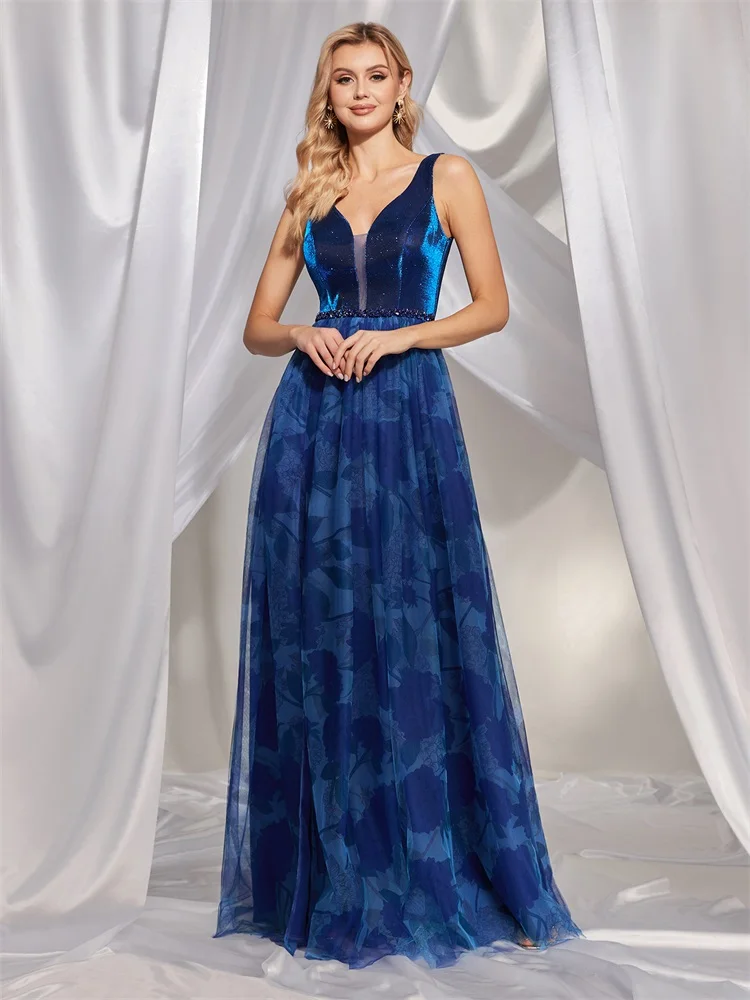 Lucyinlove Luxury Sexy Deep V-Neck Sleeveless Blue Evening Dress 2024 Women Elegant Wedding Party Long Prom Cocktail Dresses