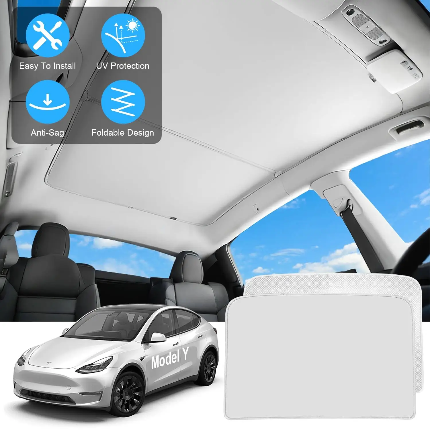 UV Sunshade Roof Fit For Tesla model y Sunroof Window Installation Heat Blocking Anti-Sag Sunroof Shade Foldable