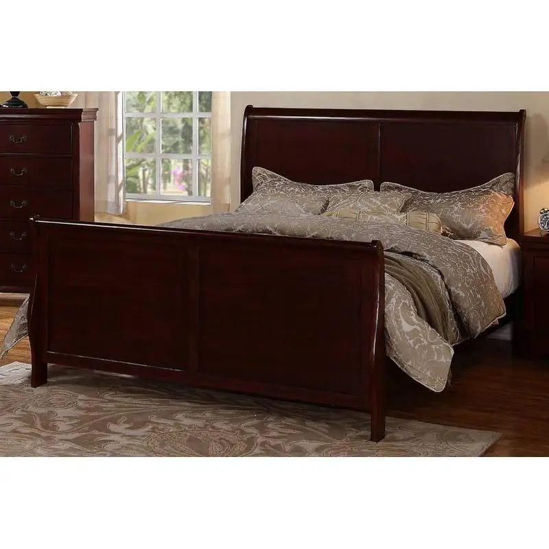 Modern Queen Size Bed Sleigh Design Headboard Footboard Plywood Bedframe Dark Cherry Color Louis Philippe Style Bedroom