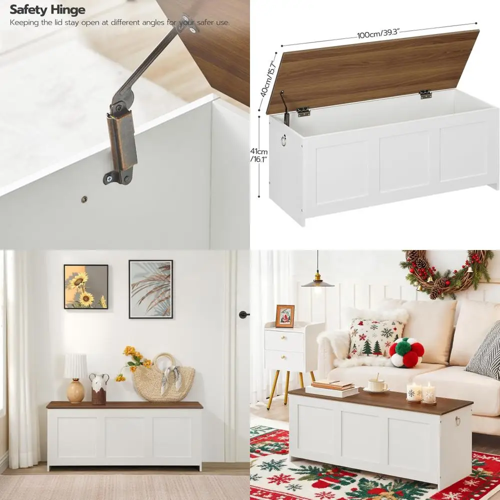 

Retro 39.3 Wooden Storage Bench with Lift Top, Multipurpose Chest for Entryway and Living Room in White & Walnut