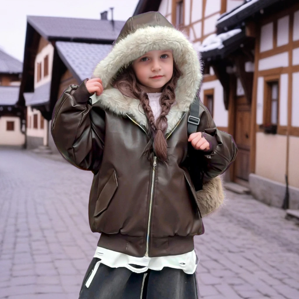 

Girls Faux Leather Jacket Winter Fleece Lined Hooded Coat Fashion Casual Thick Warm School Teen Kids PU Leather Outerwear 12 Y