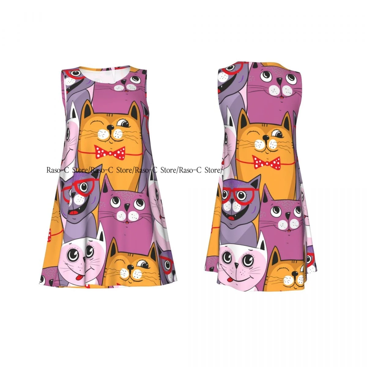 レディースドレスカラフルかわいい猫夏カジュアルTシャツビーチカバーアップタンクドレス