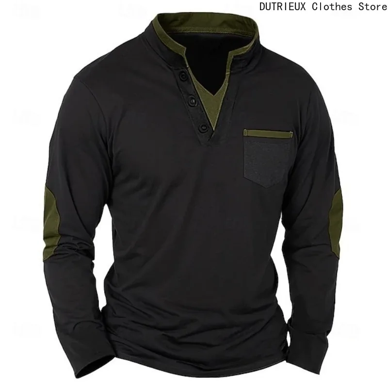 

Spring and Autumn Business Casual Men's Long-sleeved T-shirt Retro Patchwork Outdoor Versatile Top Fashionable Comfortable Shirt