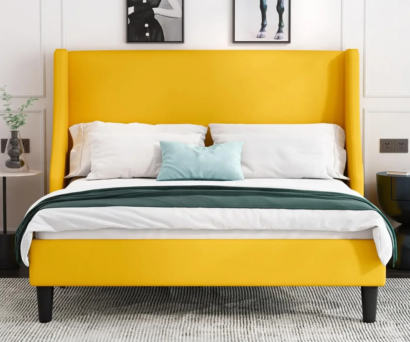 Platform Bed Frame Queen Size with Upholstered Headboard, Modern Deluxe Wingback, Mattress Foundation, Light Yellow