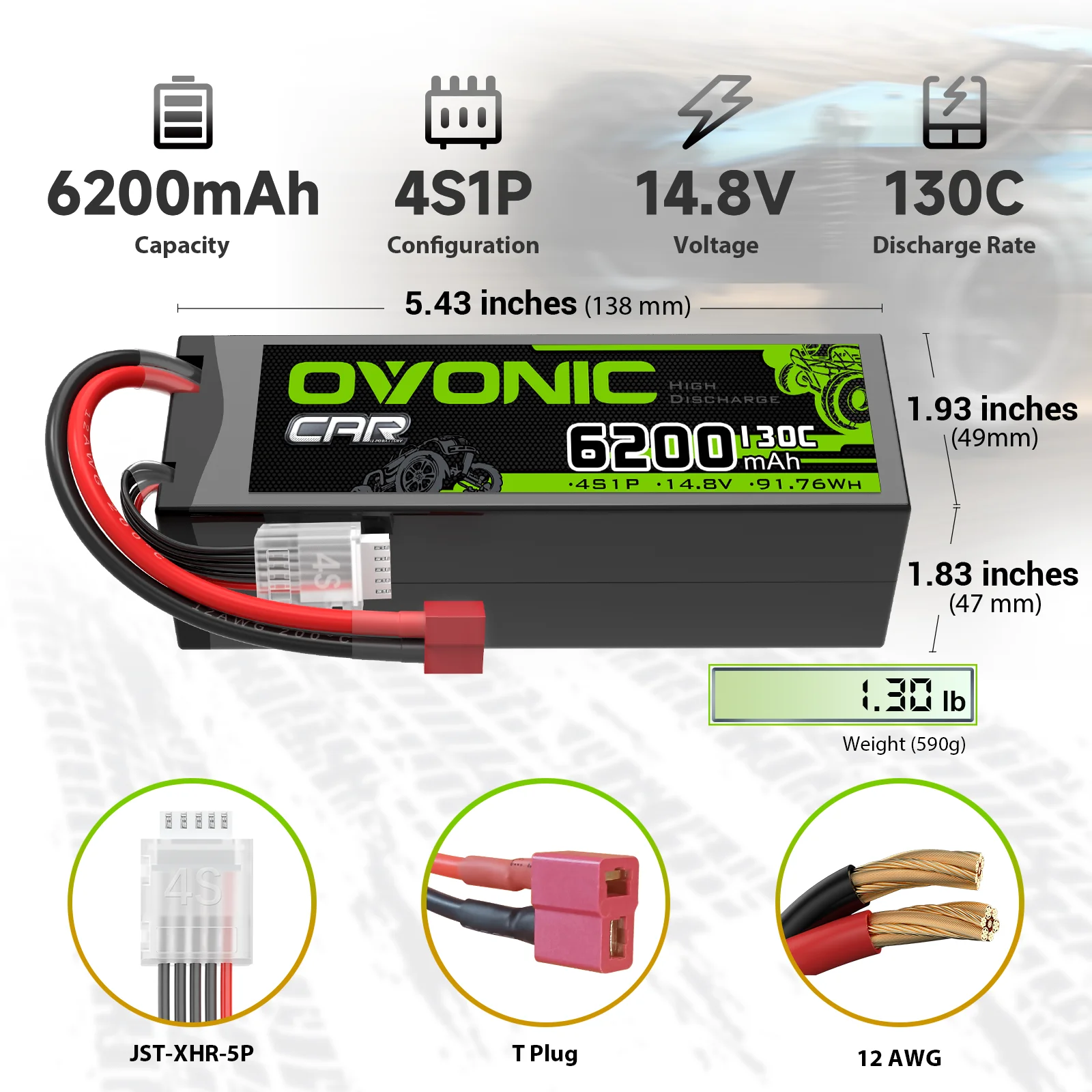 OVONIC 6200mAh 4S 130C 14.8V Hardcase LiPo Battery with T Plug for 4S RC Car Truck RC Plane Jet 2 Pack