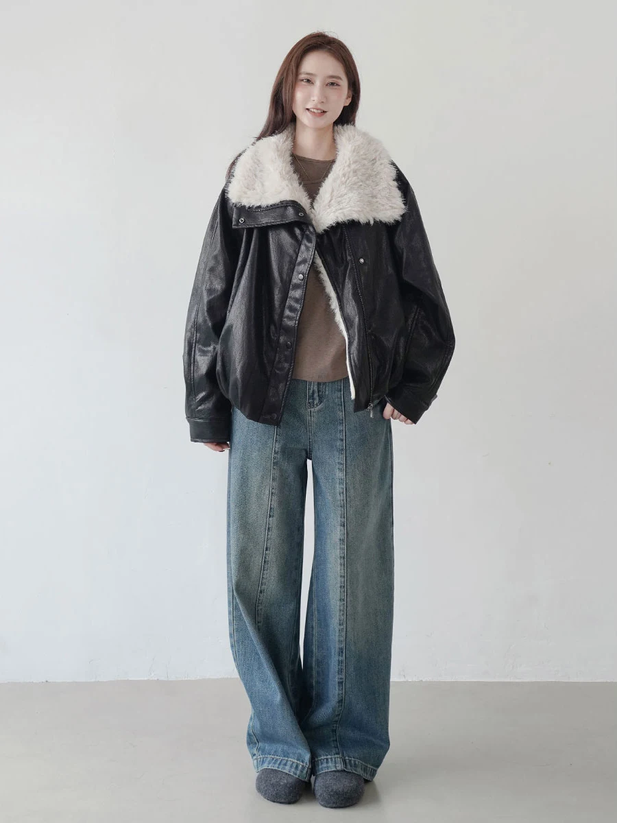 Nowa, luźna kurtka skórzana damska na jesień i zimę z futrzanym kołnierzem, skórzano-futrzany płaszcz, casualowa, ocieplana, z długim rękawem.
