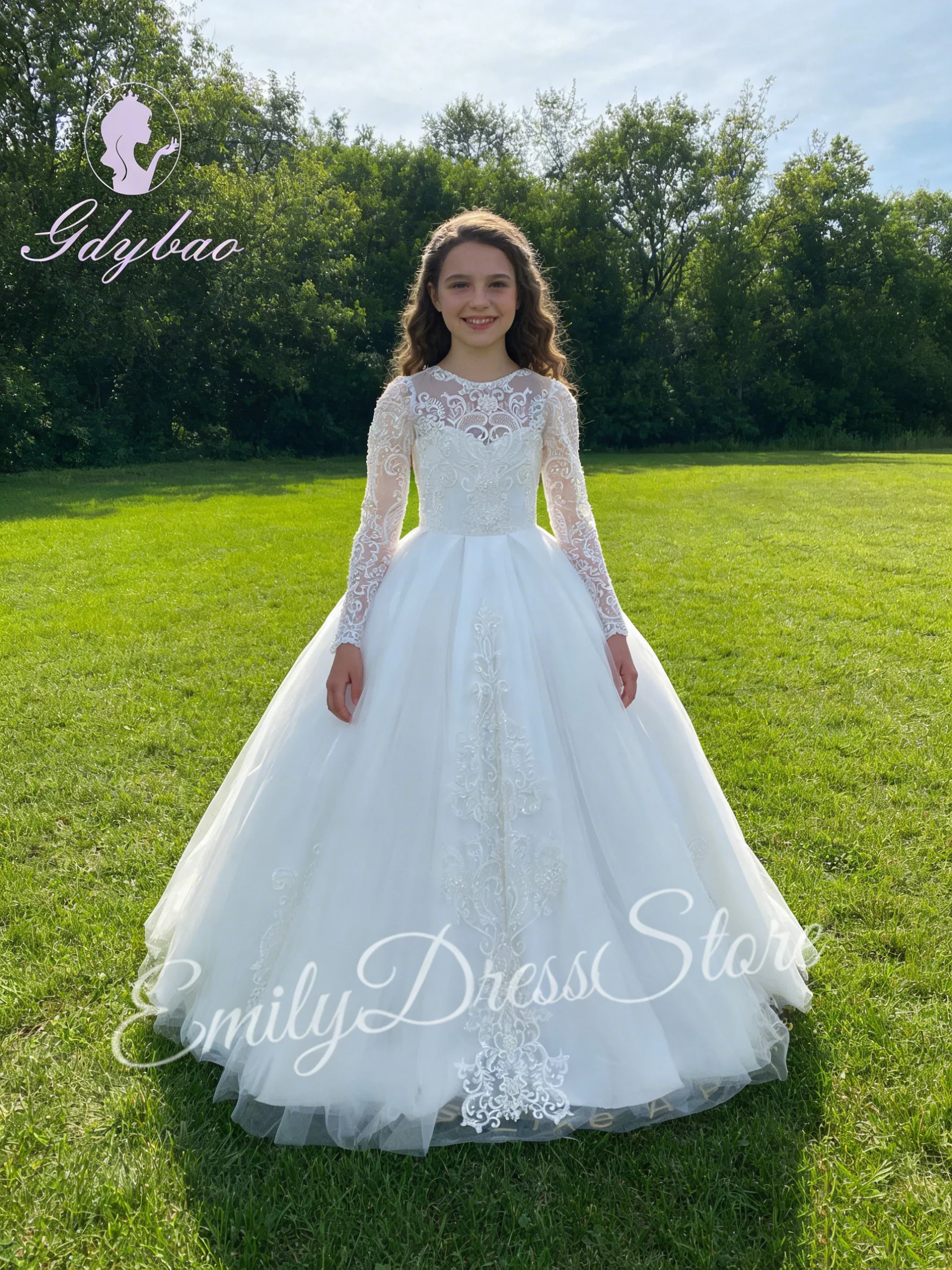Customized White Flower Girl Dress for Wedding Puffy Lace Applique Elegant Princess Kids Birthday First Communion Gown