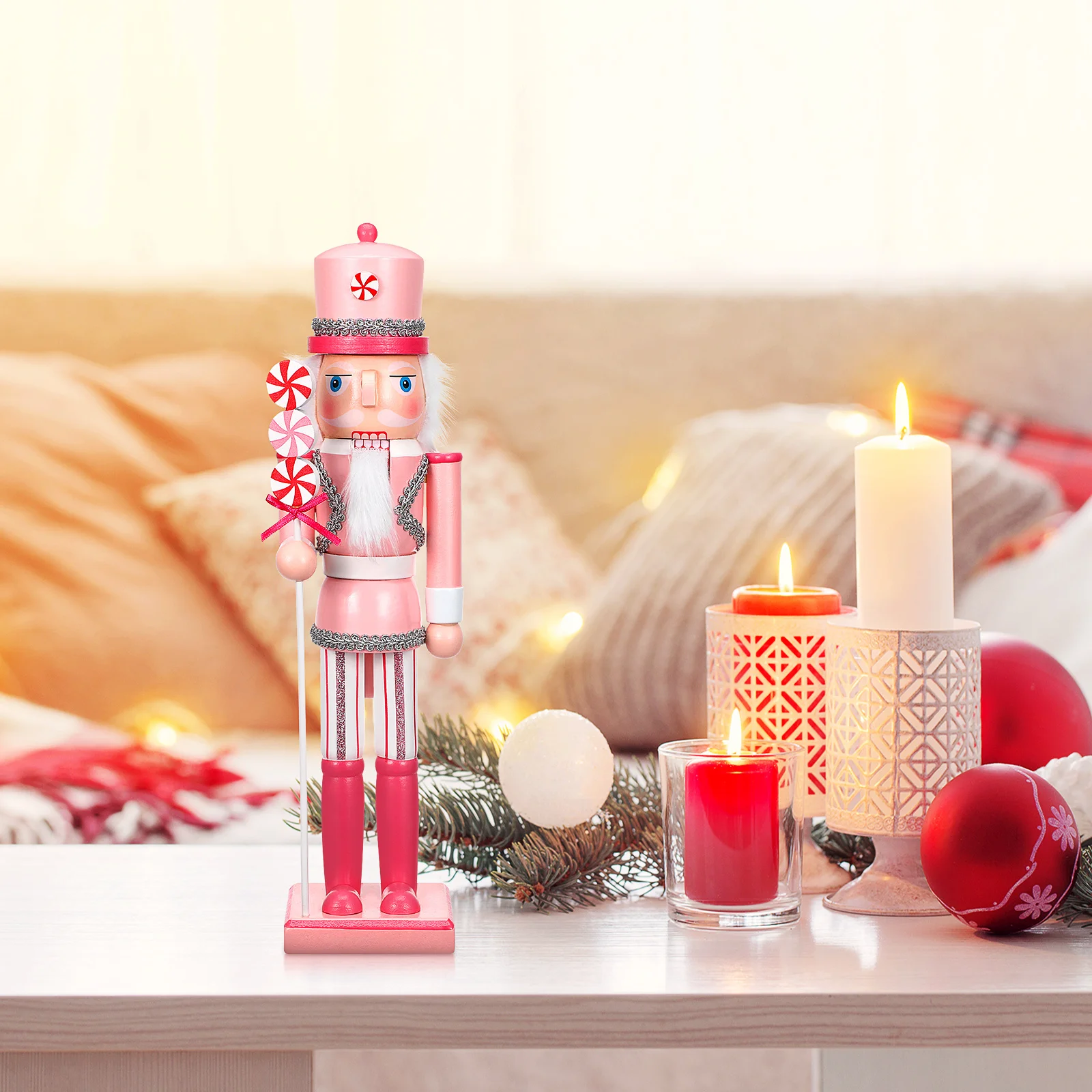 

Christmas Nutcracker Soldier 38Cm Wooden Peppermint Candy Figure Desktop Decoration Xmas Party Centerpiece Home Hotel Restaurant