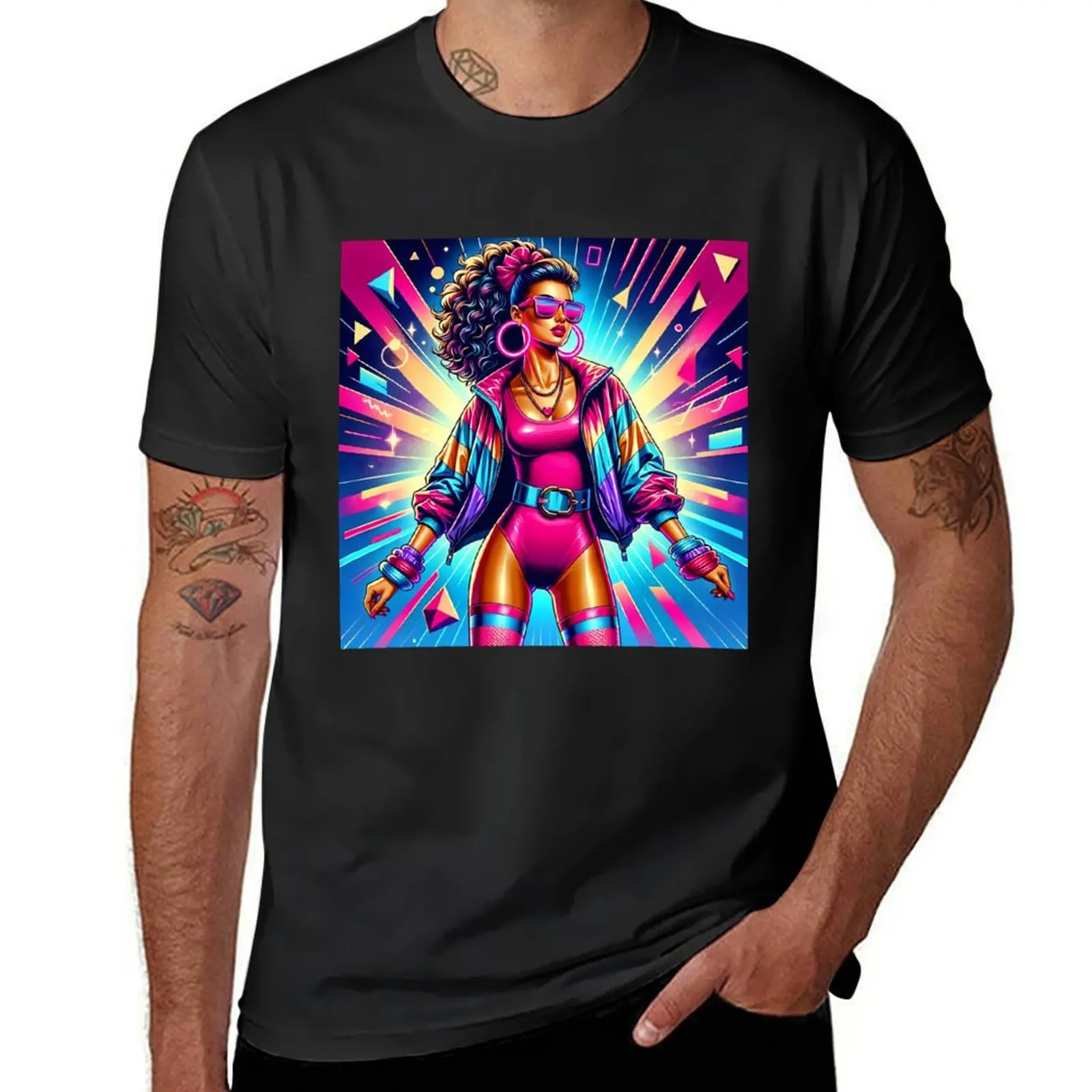 Neon Nights Queen: 80s Workout Fashionista with a Dynamic Background. T-Shirt anime plus sizes mens graphic t-shirts