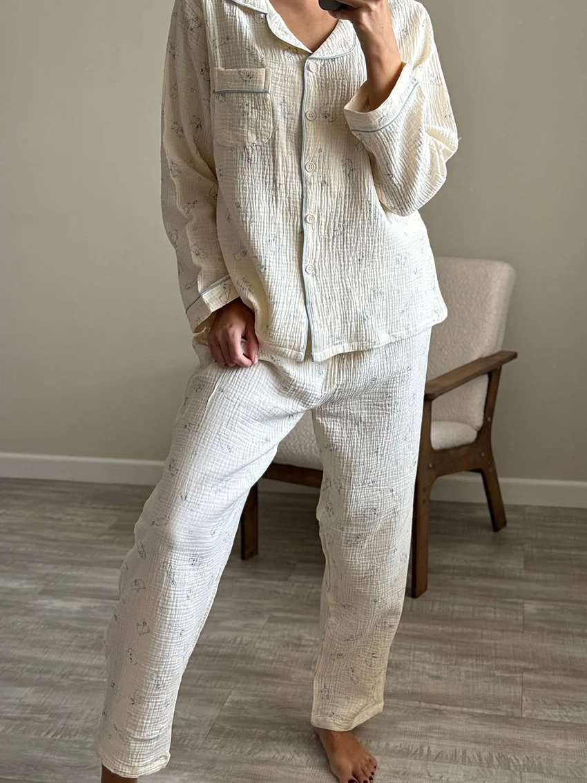 

Хлопковая женская пижама Marthaqiqi, комплект из 2 предметов, ночная рубашка с длинными рукавами, одежда для сна с отложным воротником, брюки с принтом, женский ночной костюм