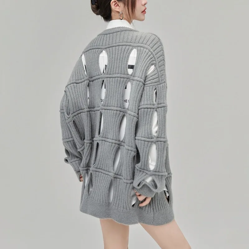 

Vintage O-neck Hollow Loose Long-sleeved Sweater Women 2025 Autumn New High Street Solid Color All-match Knitted Pullover