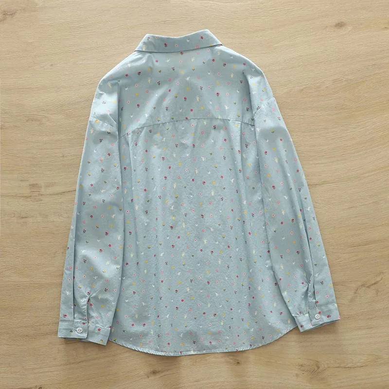 Women's Japanese Cotton Shirt Long Sleeve Floral Printing Tops for Women Versatile Loose Blue Flower Shirts Wholesale SY2686