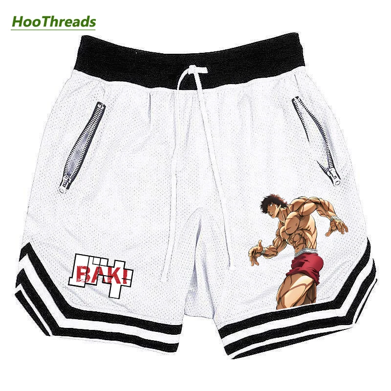 Active Athletic Shorts for Men Anime Hanma Baki Print Breathable Quick Dry Basketball Shorts with Zippered Pockets Gym Fitness