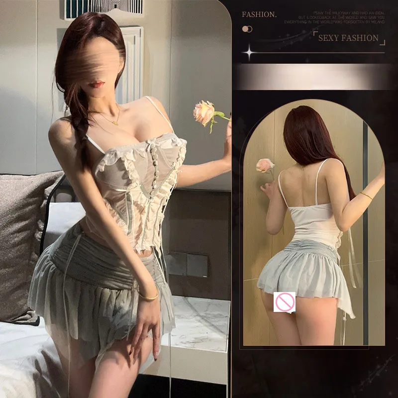Lingerie Seksi Wanita Gaya Balet, Set Dua Potong Rompi Renda Gradasi Tiga Dimensi dan Rok Pendek