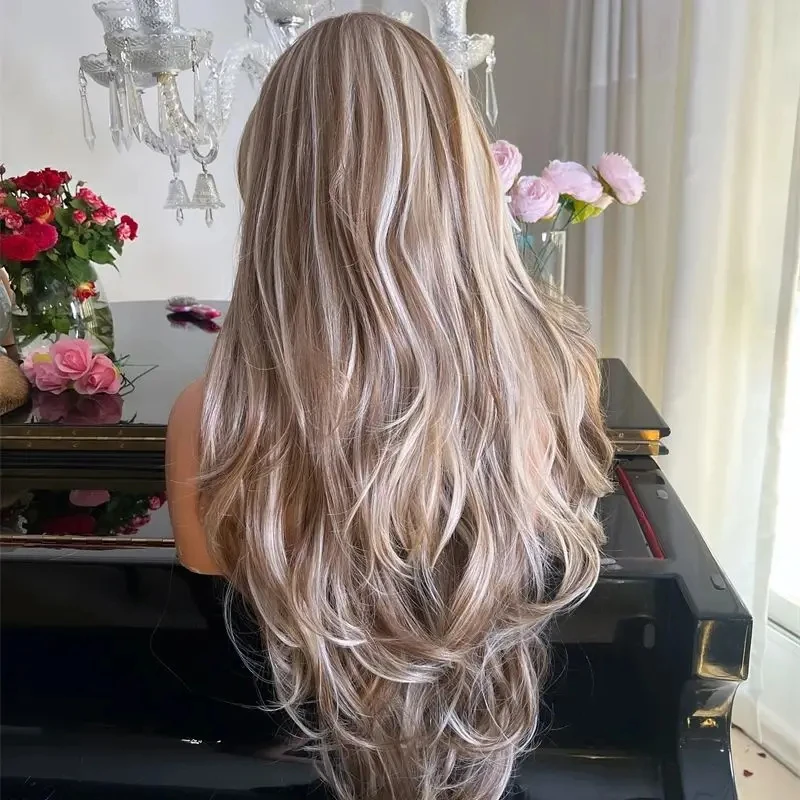 Natural Preplucked Hairline 180% Density Ombre Ash Blonde Colored Synthetic Hair Wig for Women 13x4 Heat Resistant Wig Daily Use