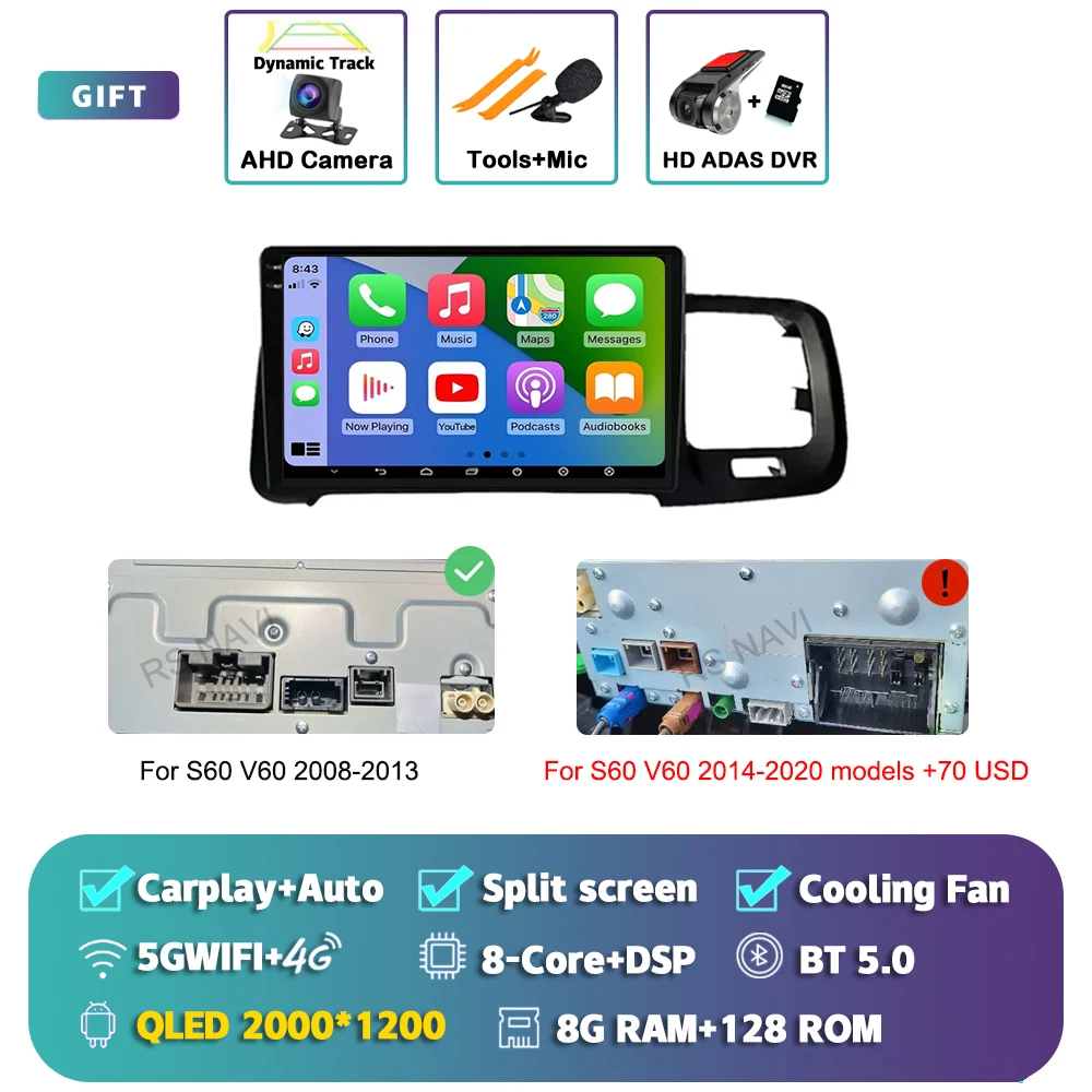 Android 15 Carplay Auto Scherm Autoradio Multimedia Speler voor Volvo S60 V60 2011-2013 2014-2020 2din Autoradio Stereo Head Unit