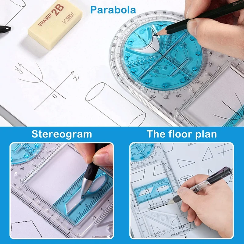 2 Pcs Multifunctional Geometric Ruler Plastic Circle Drawing Tool Drafting Templates Clear Graphic Design Tools