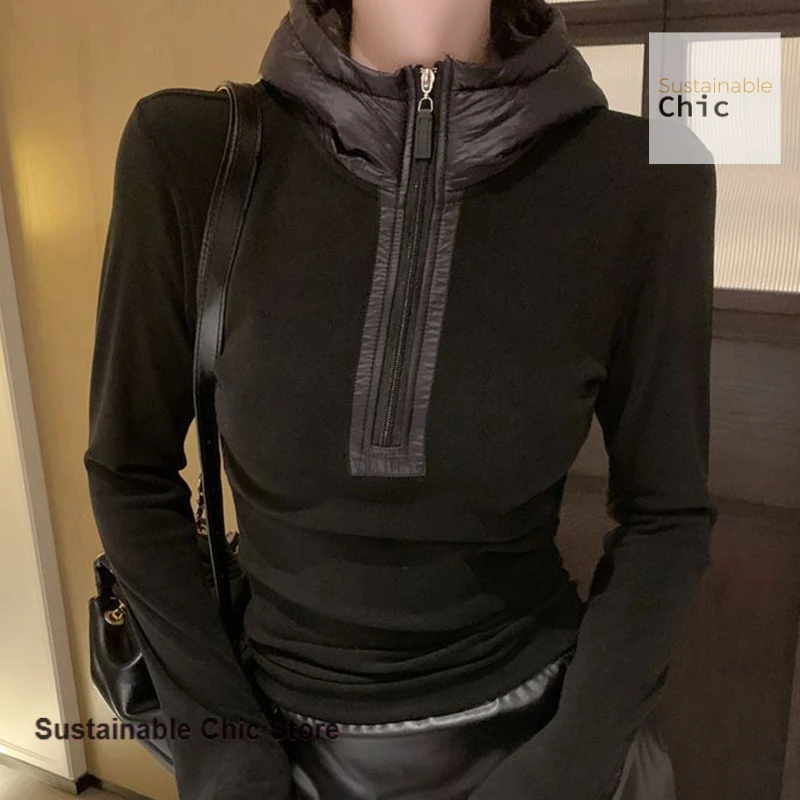 T-shirt à capuche à demi-fermeture éclair pour femme, design de style coréen, niche, mode automne et hiver, chemise slim à manches longues