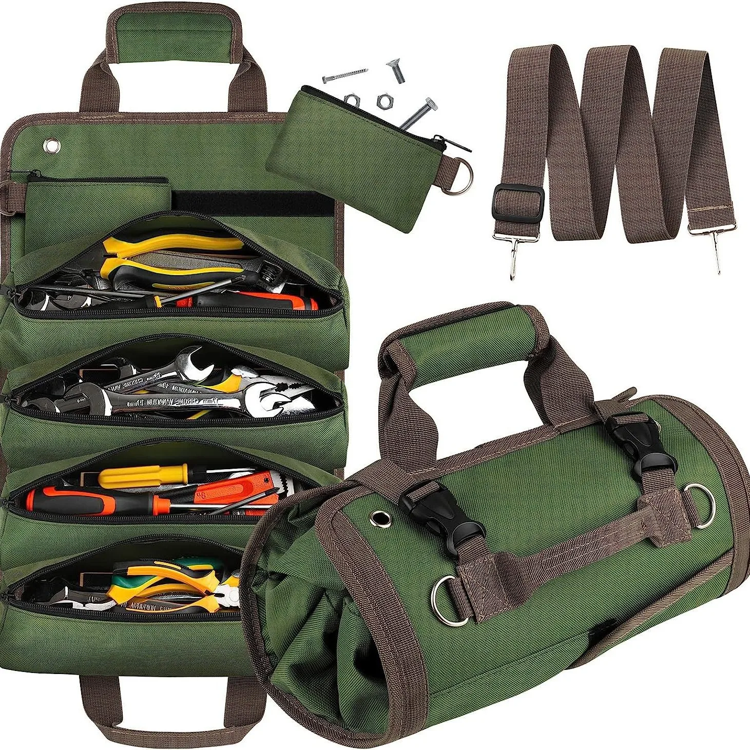 Heavy Duty Roll Tool Storage Bag - Waterproof Zipper Closure Portable Organizer Woodworking Garden Car Repair Hardware Tools