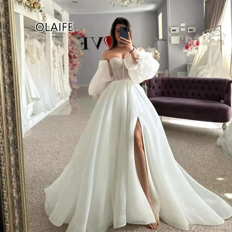 OLAIFE Off Shoulder Beach Wedding Dresses Bridal Gowns for Wedding Robe De Marié Wedding Gown vestidos de novia 웨딩드레스 with Slit