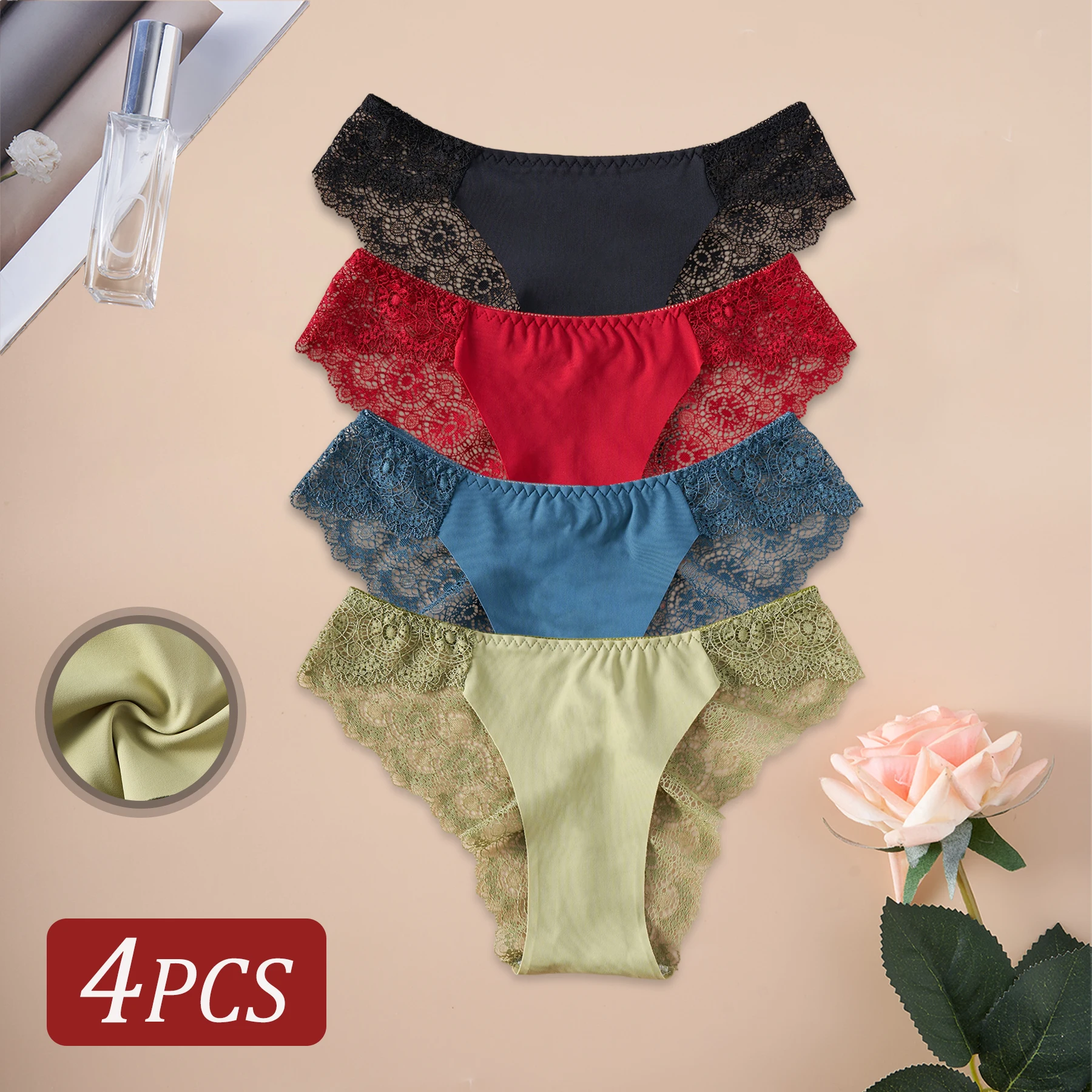 4 قطعة ملابس داخلية عصرية جديدة بلون واحد سراويل منخفضة الخصر للنساء مجوفة الأزهار الدانتيل المشذبة مثير ملخصات الملابس الداخلية الحميمة