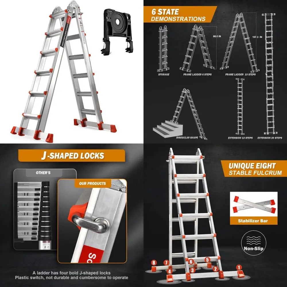 

6-ступенчатая удлинительная лестница, 22 фута, многопозиционный, съемный поднос, стабилизатор, емкость 330 фунтов.