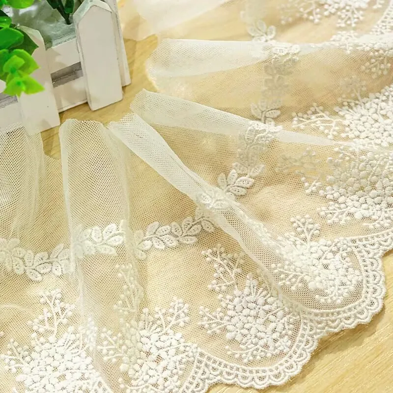 13.5CM Wide White And Apricot Color Mesh Material Cotton Embroidered Flowers Lace Trimmings Garment  DIY Sewing Accessories